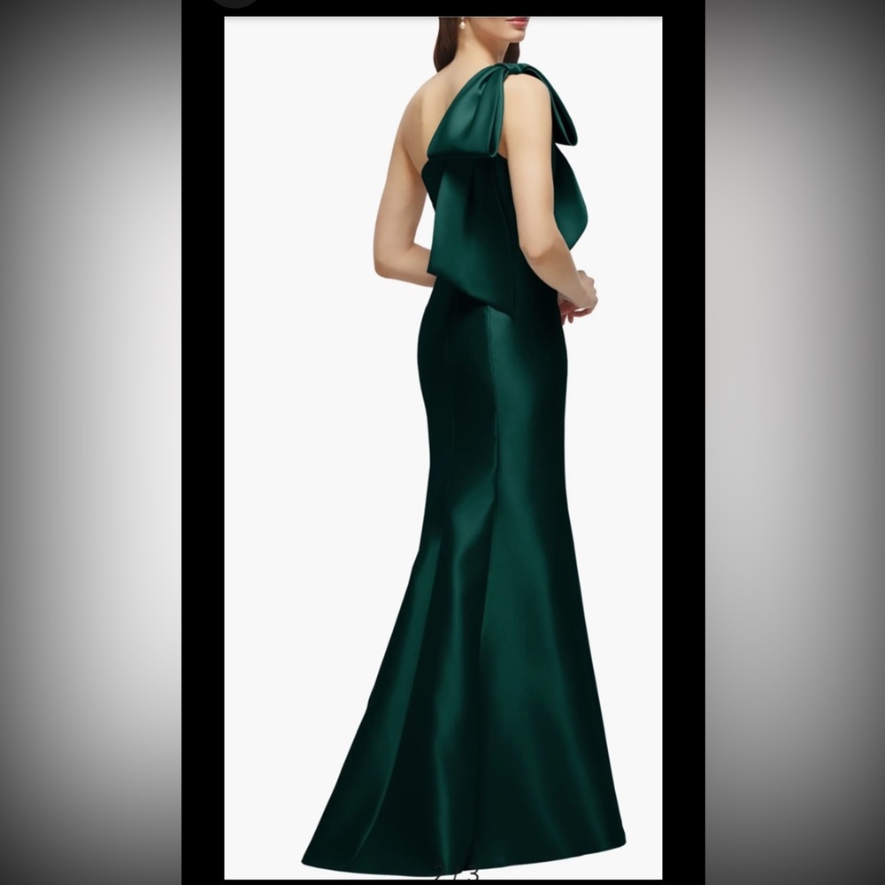 Alfred Sung Bow One-Shoulder Satin Twill Mermaid Gown,evergreen,sz 6, New - Picture 3 of 8